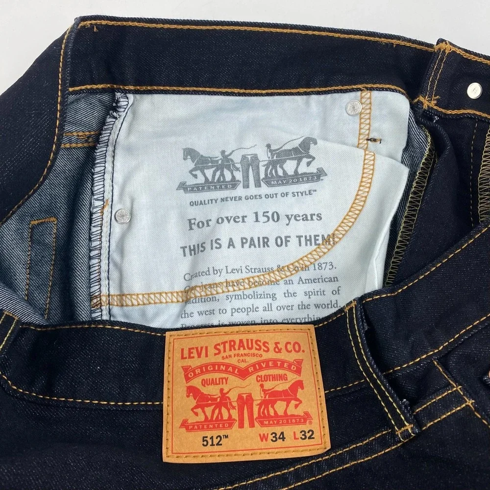 New Levis 512 Denim Jeans Men's 34 x 32 Dark Blue Taper Pants Cotton Blend, Fine